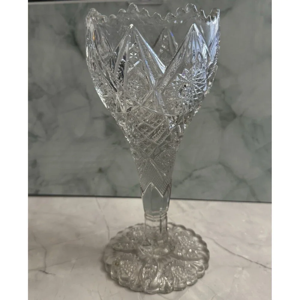 Vintage Cut Crystal Pedestal Vase 9
